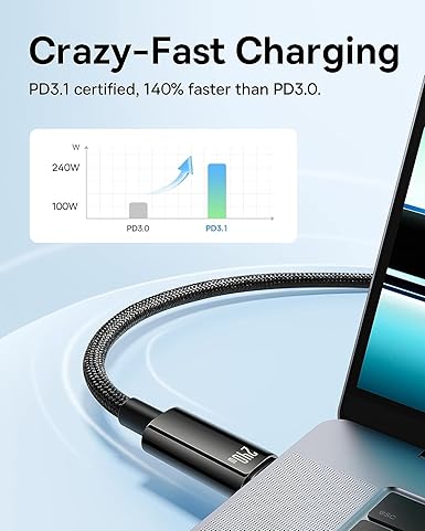 اضغط للعرض بشكل موسع كابل قوي فائق السرعة 240 وات للشحن السريع USB-C الى USB-C PD3.1 بتقنية كيو سي 4.0 من بيسيوس لسامسونج جالاكسي S24 الترا، S23، نوت 20 الترا لهواوي، اوبو، شاومي، ابل، وجميع الاجهزة من النوع C (3 متر)